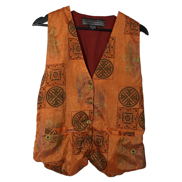 Orange Vest Shimmery Vintage Rayon from India Beaded Stamped Mirrors Small - Picture 1 of 9